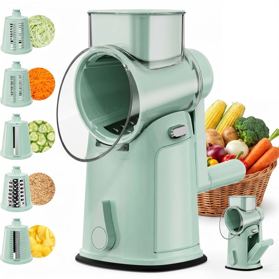 Behome Rotary Cheese Grater Hand Crank, Vegetable Slicer with 10 Interchangeable Blades & Non-slip Suction Base, Cheese Shredder for Kitchen, Cheese & Vegetables