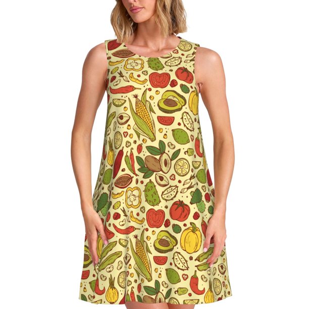 Fotbe Fruits And Vegetables Vestido de Verano sin Mangas para Mujer – Vestido Midi Línea A, Estilo Camiseta Floral, Vestido Playero Casual y Fluido