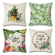 Faromily Summer Decorations Throw Pillow Covers Tropical Palm Monstera Leaves Flamingo Pineapple Cactus Home Décor Cotton Linen Throw Pillow Case Cushion Cover (Set of 4 Tropical Leaves Pillow Cove