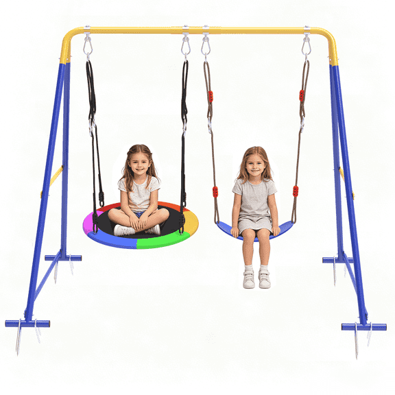 Swing Sets for Backyard, Outdoor Toddler Swing with Heavy-Duty Metal Stand, Swing Playset for Kids, 440lbs, Saucer & Belt