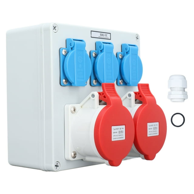 Caja de enchufes eléctricos con 3 tomas de 16 A y 2 tomas de 32 A, 5 clavijas CEE, resistente al agua IP44.