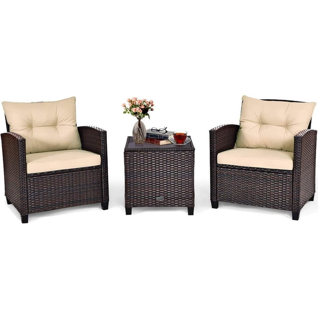 IdealHouse 3 Pieces Patio Furniture Set, PE Rattan Wicker 3 Pcs Outdoor Sofa Set w/Washable Cushion and Tempered Glass Tabletop, Conversation Furniture for Garden Poolside Balcony (Beige)