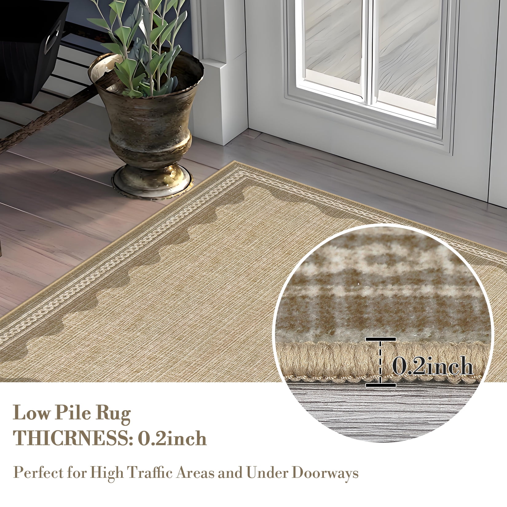 Tzou Modern Scalloped Border Washable Rugs 4' x 6', Non-Slip Low Pile Area Rug for Living Room, Machine Washable Stain Resistant Carpet