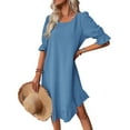 thumbnail image 2 of Solid Puff Sleeve Ruffle Hem Smock Round Neck Loose Ruched Beach Short Dress Blue S, 2 of 9