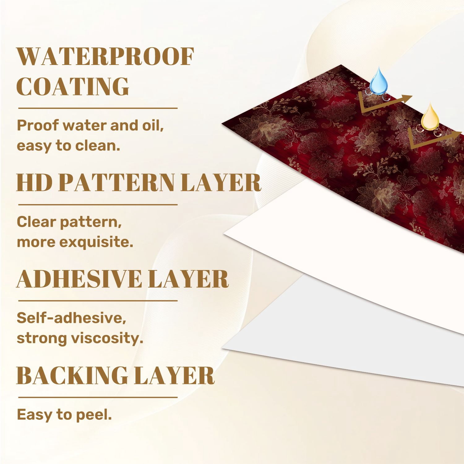 Vintage Peel and Stick Wallpaper Elegant Gold Floral Red Intricate Detailing Wall Mural 17.7in x 9.8ft Self Adhesive Removable Wall Paper Renter Friendly Wallpaper for Bedroom Livingroom Office