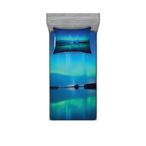 Ambesonne Nature Fitted Sheet & Pillow Sham Set, Sky Scenery Lake, Twinxl, Violet Blue