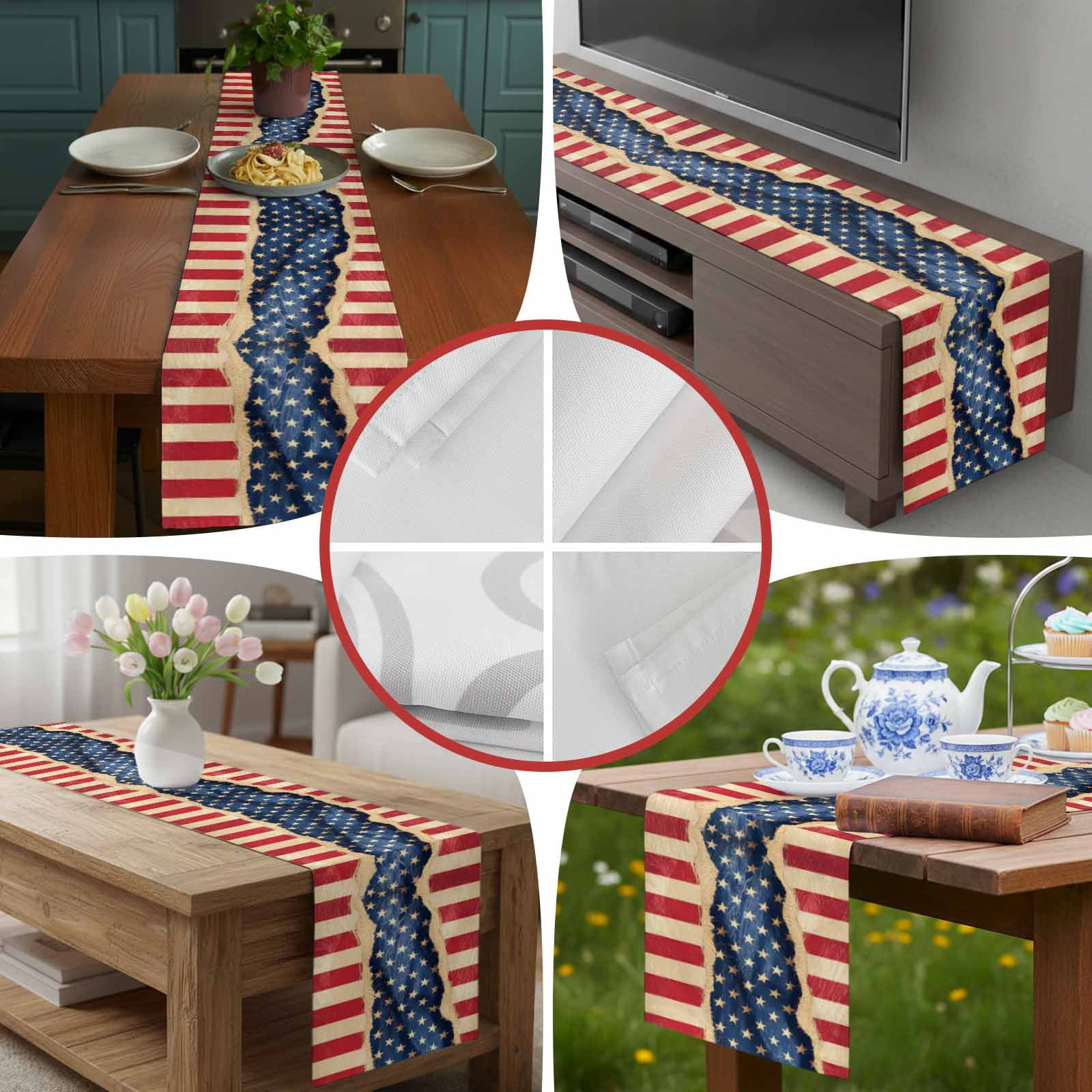 4th of July Patriotic Star Stripe Table Runner 90 Inches Long, Retro USA Flag Memorial Day Table Runners Tabletop Scarf Kitchen Dining Tables Decoration for Home Party Indoor Outdoor