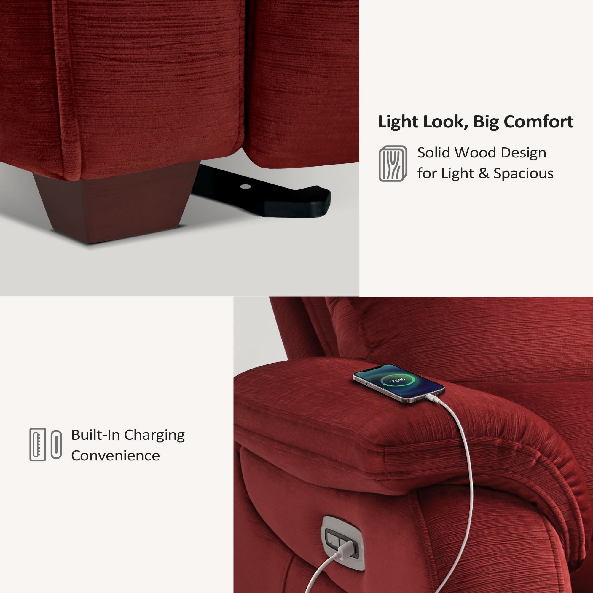 MCombo Zero Wall Hugger Power Recliner Chair for Small Space RV Living Room, Fabric (Burgundy)