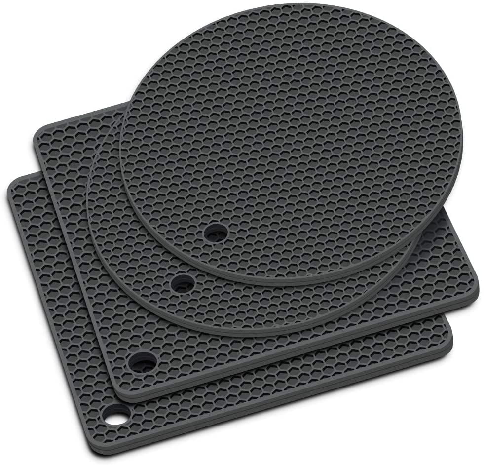 Durable Heat Resistant Mat Flexible Large Coaster Trivets Silicone Pot Holders Set of 2 Premium Heavy Duty Multipurpose Jar Opener Black Spoon Rest