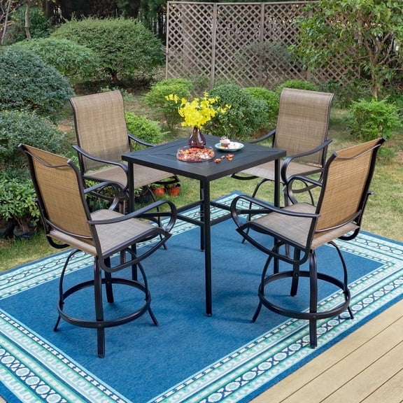 MF Studio 5-Piece Outdoor Patio Bar Stool Set with Square Counter Height Table & Swivel Bar Chairs, Black & Brown