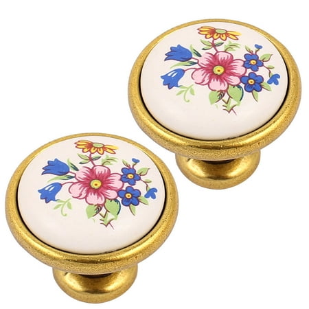 - Cabinet Wardrobe Drawer Door Pull Flower Ceramic Knobs Brass Tone 2pcs