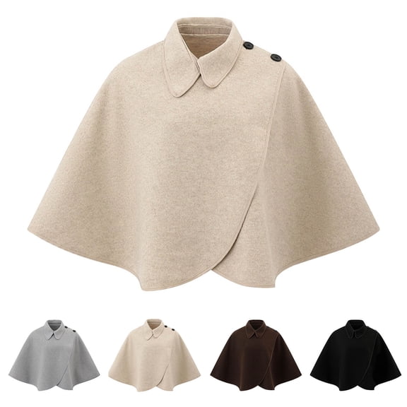 Fewfanhot Collared Wool Blend Cape Shawl, Button Detail Wrap Poncho for Women Daily Business Casual Wear