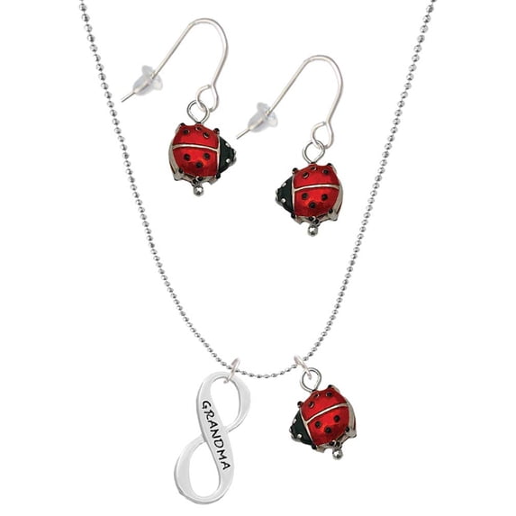 Delight Jewelry Grandma Infinity Sign Red Lucky Ladybug Necklace and Dangle Earrings Set