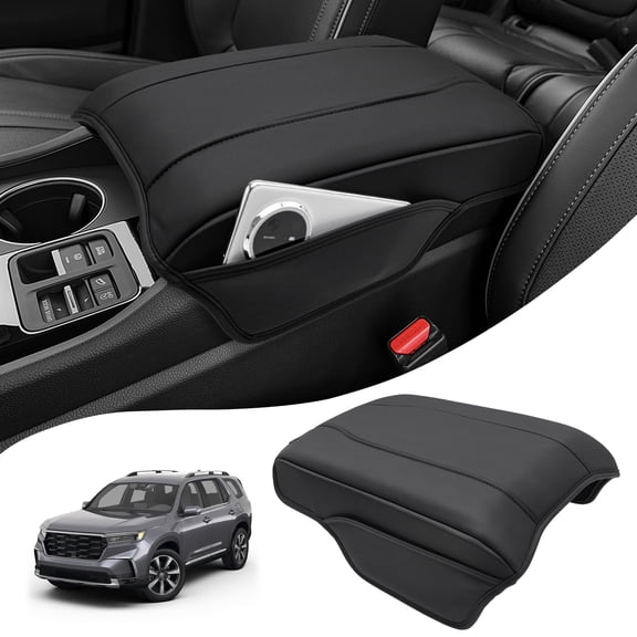 KBH Center Console Cover for 2023-2026 Honda Pilot Accessorie, 2024 2025 2026 Honda Ridgeline/Passport Armrest Cover with Side Pockets, Black Leather Middle Console Lid Protector