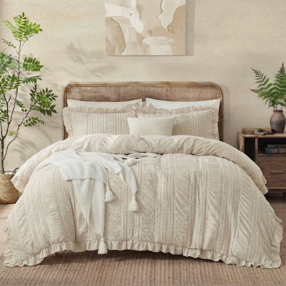 Taupe Ruffle Comforter Set King Size 3 Pieces Boho Chic Farmhouse Bedding Set Soft Microfiber Taupe Seersucker Comforter Set for All Seasons