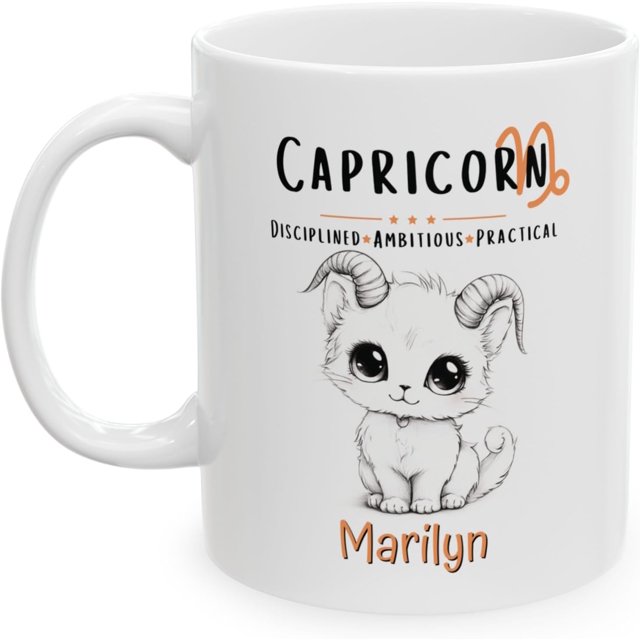 Personalized Capricorn Zodiac Mug with Chibi Cat - Custom Ceramic Coffee Cup with Name (White, 11oz)
