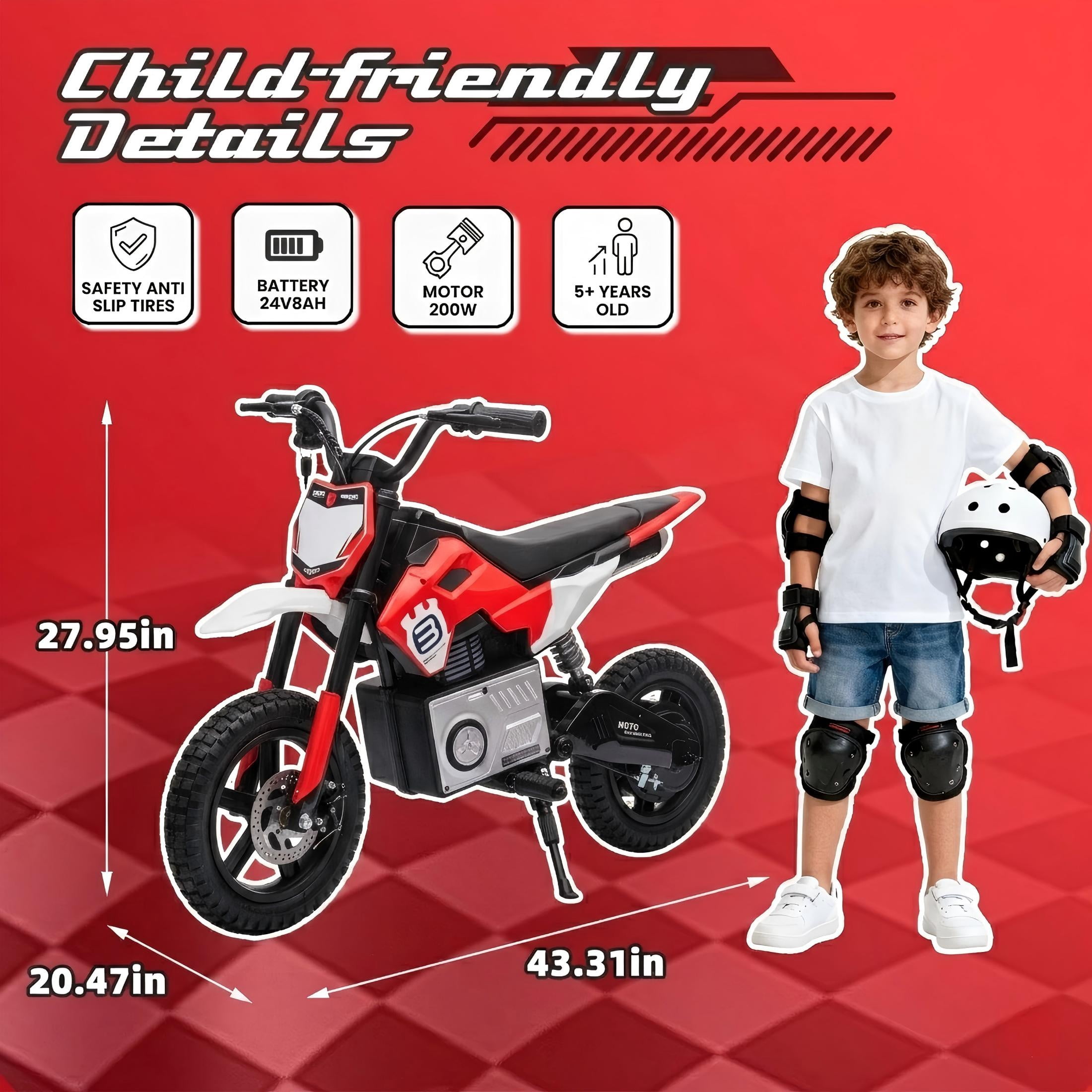24V Electric Dirt Bike for Kids 5-12, SHINPT Ride On Toys for Kids 5-12, Toddler Motorcycle with 200W Motor, Speeds 3.11-9.32MPH, Electric Toy Motorcycle with Rear Shock Absorber, LED Lamp, Music