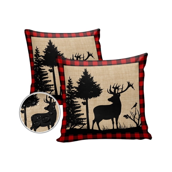Pack of 2 Outdoor Pillow Covers, Christmas Animal Moose Xmas Tree Waterproof Square Throw Pillowcase Cushion Decorative Pillow Covers for Couch Patio Tent, 16x16 in