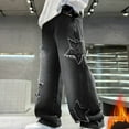 thumbnail image 2 of CPNG Boy's Star Fleece Lined Jeans Teen Boys Straight Wide Leg Button Front Zipper Casual Loose Denim Trousers Streetwear(Black,13-14 Years), 2 of 9