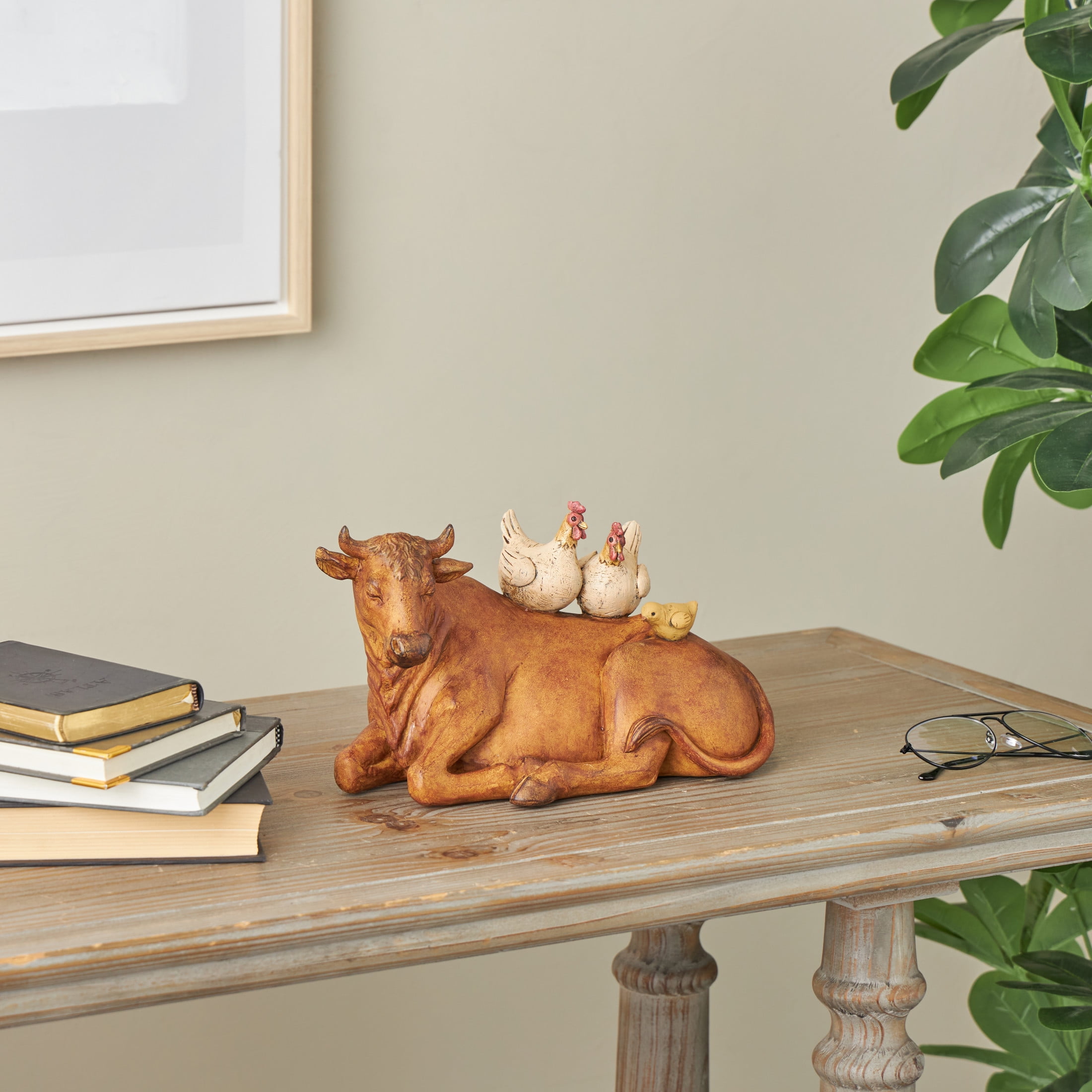 12" x 7" Copper Polystone Cow Sculpture with Sitting Roosters and Chicks, by DecMode