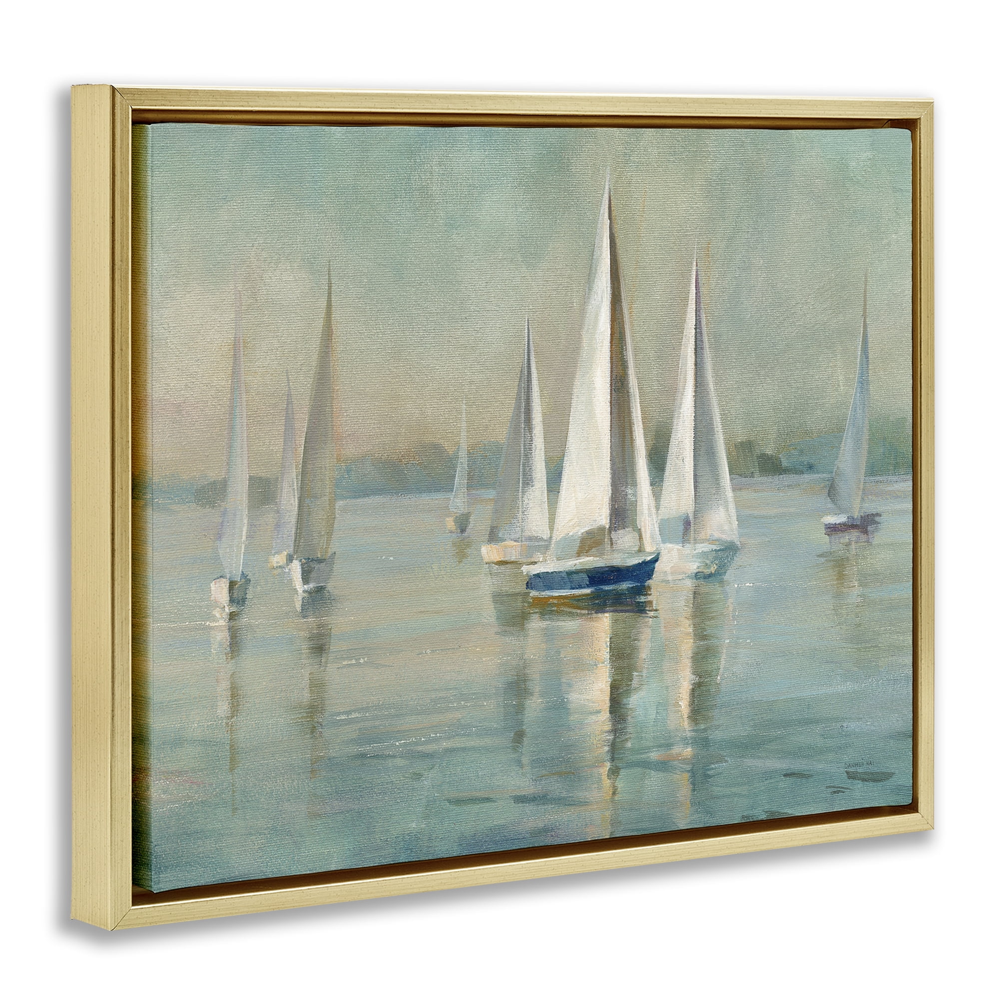 Stupell Industries Sailboats at Sunrise Nautical & Beach Painting Gold Floater Framed Canvas Art Print Wall Art, 21 x 17