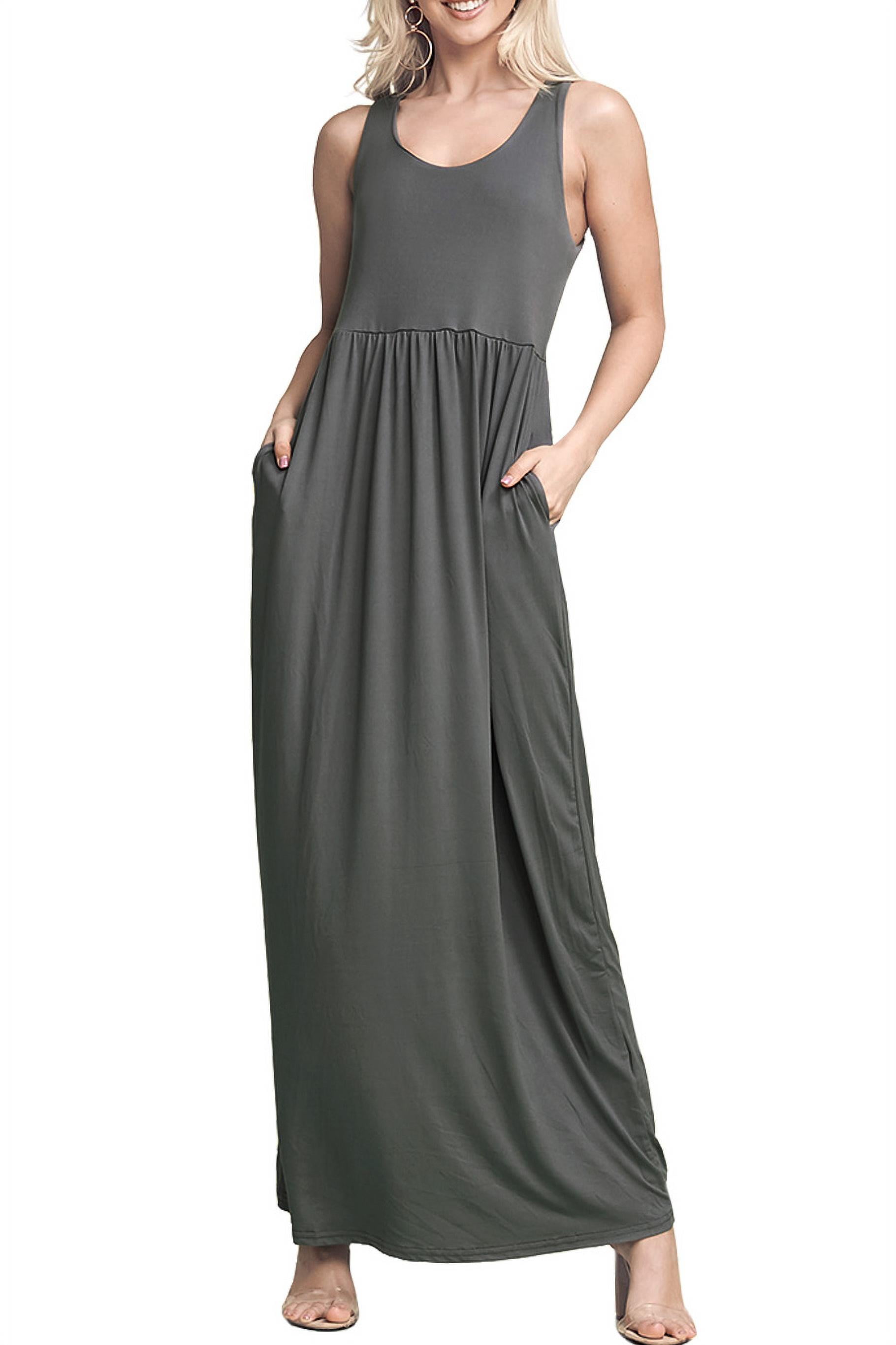 Doublju Women's Empire Seam Sleeveless Maxi Dress with Pockets (Plus Size Available)