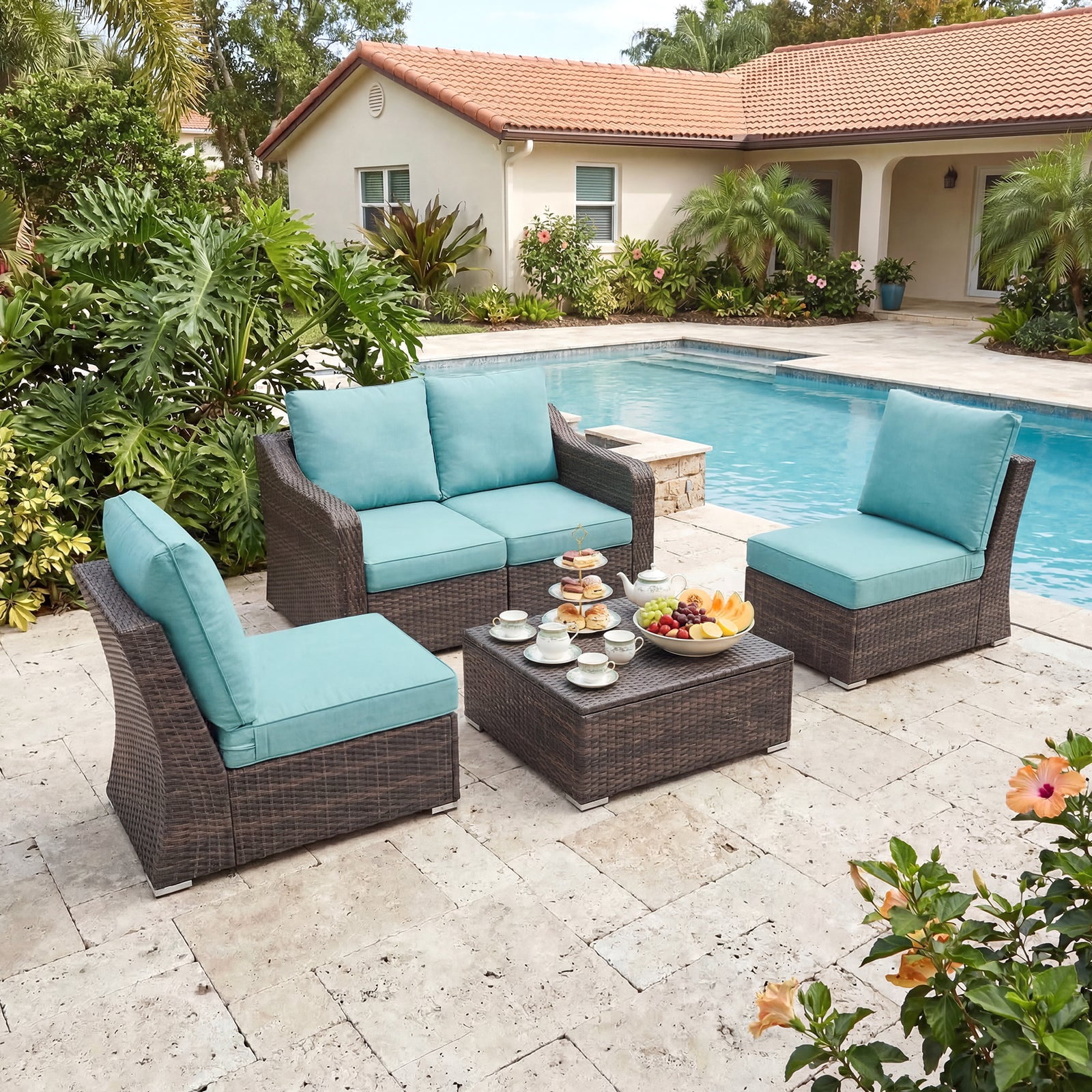 Aoodor 23 x 25 Inch Outdoor Seat Cushion, Water-Resistant & Fade Resistant Deep Seat and Back Cushion with Removable Cover for Patio Furniture Chair, Sofa and Couch, Caribbean Turquoise