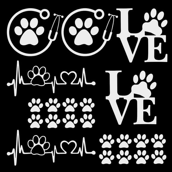 8 Sheets 4 Style Pawprints Car Stickers Self-Adhesive White Love with Paw Stethoscope Decals for Trucks SUV Vans Walls Windows Animal Footprint Easy Application Art Decoration