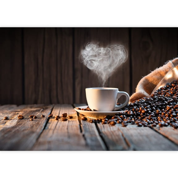 wall26 - Traditional Coffee Cup with Heart-Shaped Steam on Rustic Wood - Removable Wall Mural | Self-Adhesive Large Wallpaper - 100x144 inches