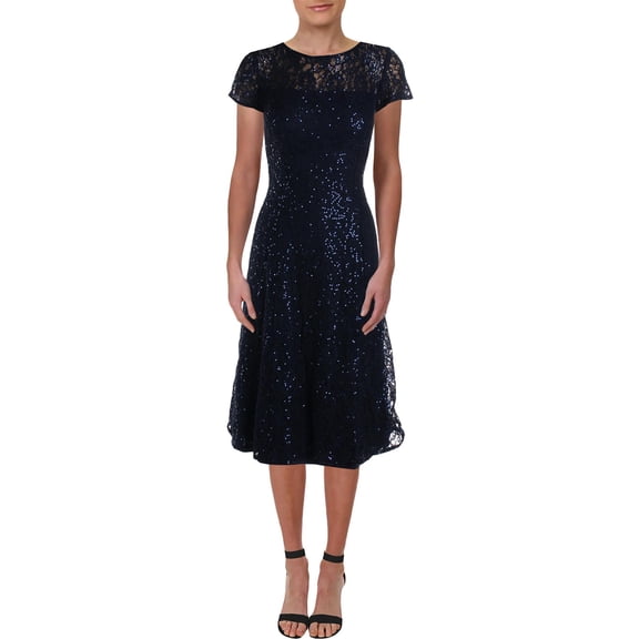 SLNY Womens Lace Sequined Midi Dress