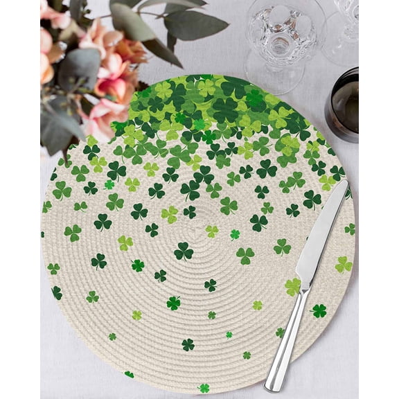 15 Inch Round Placemats Set of 4, St. Patrick's Day Non Slip Heat Insulation PP Table Mats, Spring Lucky Shamrocks Leaves Retro Country Washable Place Mats for Kitchen Dining Party Table Decor