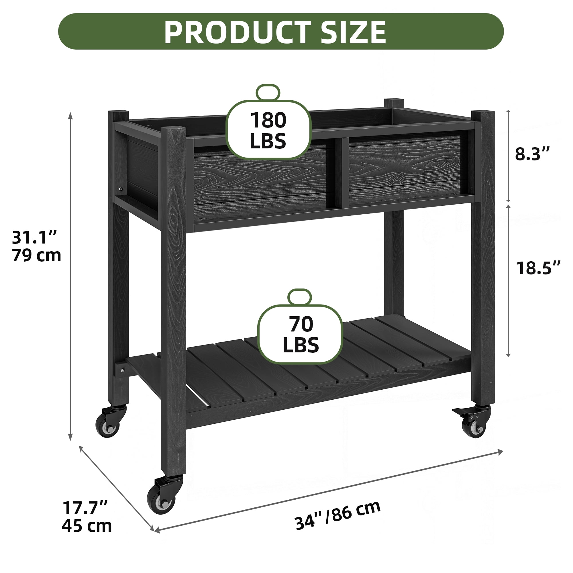 Uforic Elevated Planter Box with Wheels, Weatherproof HIPS Raised Garden Bed with Drainage, Black