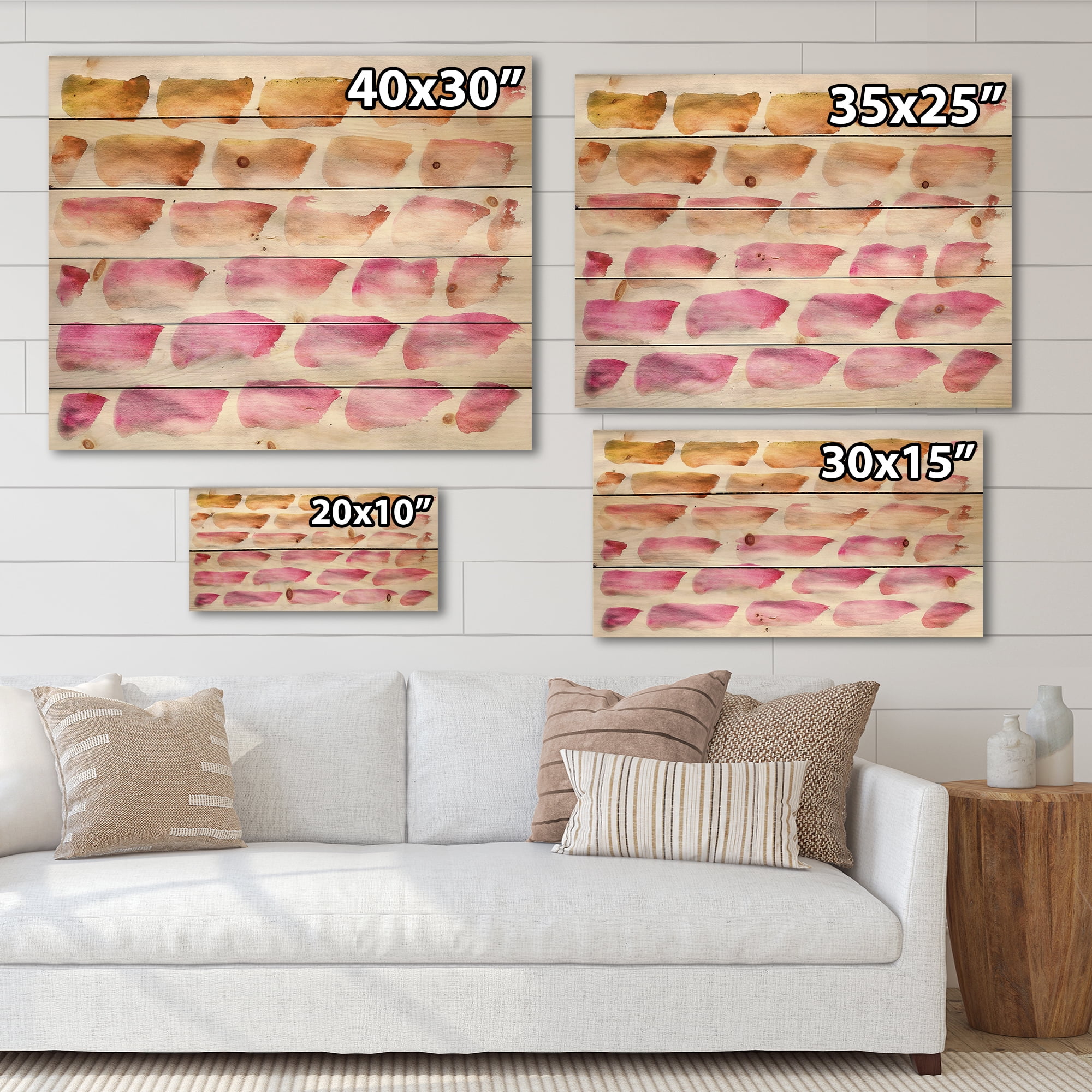 Designart 'Dark Yellow and Pink Abstracts Brushes' Modern Print on Natural Pine Wood