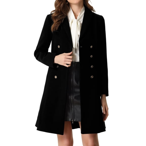 INSPIRE CHIC Double Breasted Winter Coat for Women Flat Collar Belted Pockets XS Black