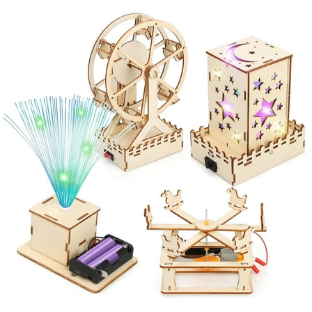 Rirool 4-in-1 STEM Building Kit for Kids Ages 8-12 - Ferris Wheel, Carousel, Fiber Optic Lamp & Star Light, 3D Wooden Puzzles, Science Toys Gift for Boys Girls 6-13 Year Old