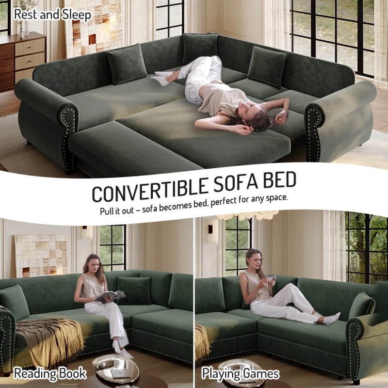 88.2" Sectional Sleeper Sofa with Pull Out Bed, Convertible Sleeper Couch with Nailhead Trim, 5-Seat Sectional Sofa Chenille Couch for Living Room Apartment