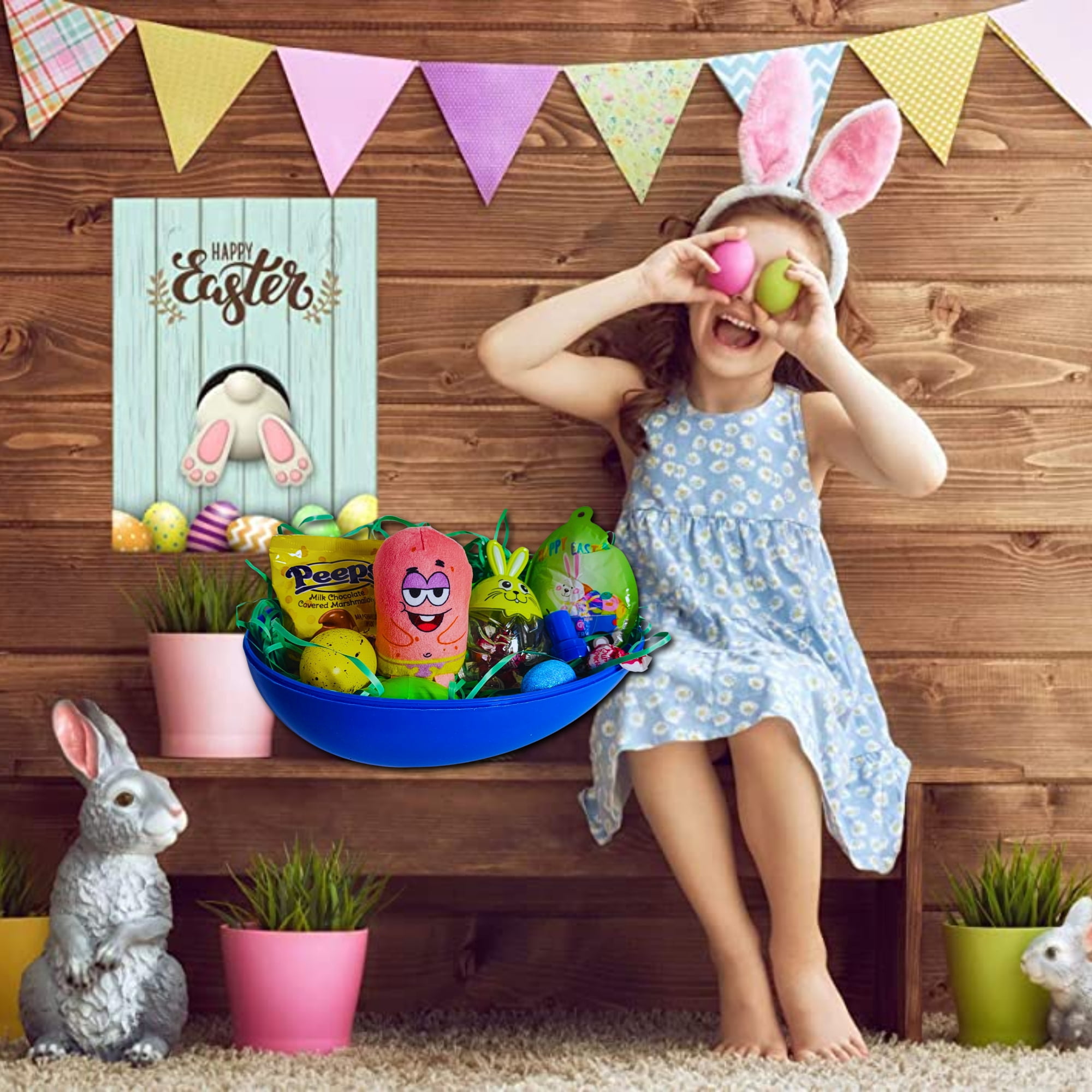 Happy Easter Basket Pre-Filled Surprise Jumbo Egg w/ Patrick Starfish Plushie Balloon Eggs Peeps Candies & Reusable Plastic Egg-Shaped Container Spring Party Favors (Contents Vary)