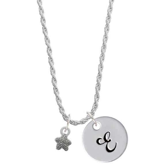 Delight Jewelry Silvertone Mini Starfish Two Sided Silvertone Script Initial Disc - E - Charm Necklace, 20"+3"