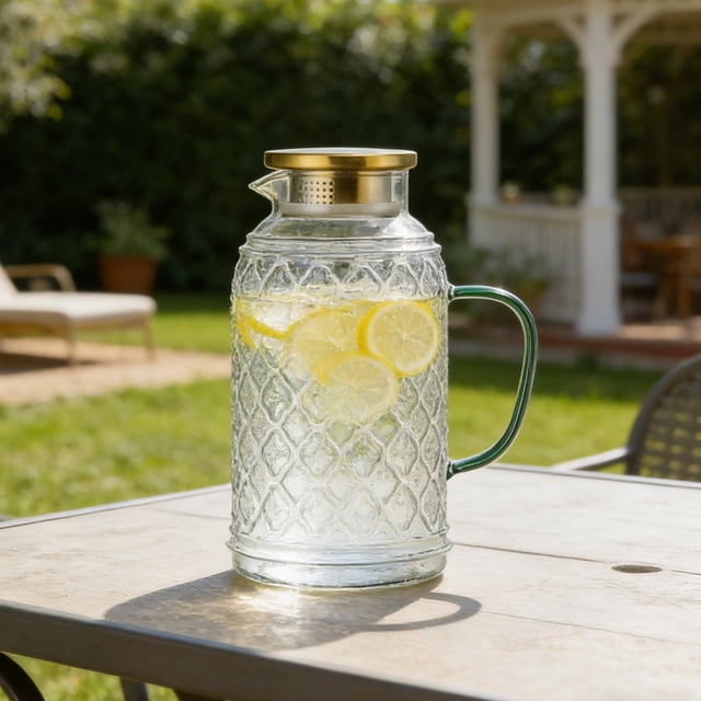 Pichet en Verre 2000 ml Grande Capacité pour Eau, Thé, Jus – Borosilicate Résistant aux Hautes Températures avec Filtre, Compatible Réfrigérateur pour Réceptions d'Été