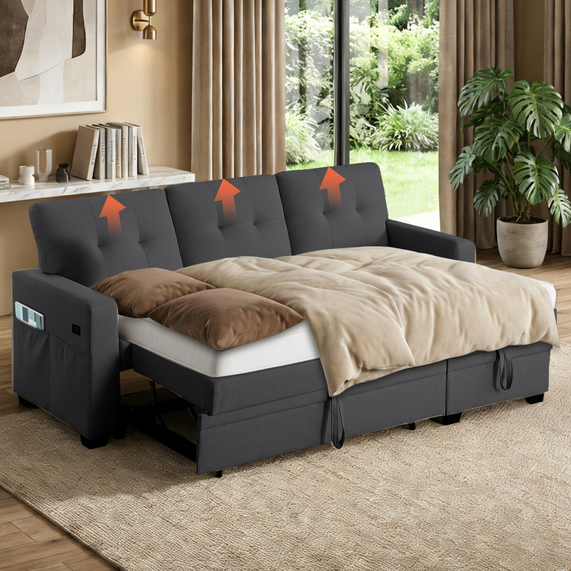ShiKeyi 82" L Shaped Sleeper Sofa Bed, Sectional Sleeper Couch with Pull Out Bed, 3 Seat Convertible Sofa Bed with Storage Chaise, USB Charging Ports for Living Room, Dark Grey Linen Fabric