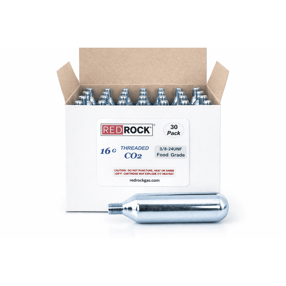 RedRock 16g Threaded CO₂ Cartridges, Case of 30, 3/8" Food-Grade for Beer Chargers