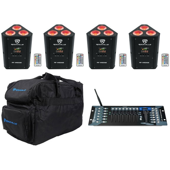 4) Rockville RF WEDGE BLACK RGBWA UV Battery Wireless DMX Lights Bags Controller