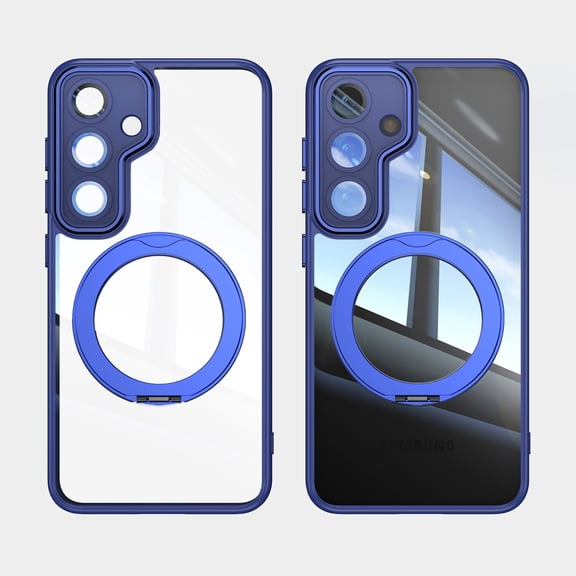 ELEHOLD Magnetic Clear Case For Samsung Galaxy S25 FE With Camera Lens Film, Shockproof Anti-Scratch 360° Ring Holder Stand PC TPU Protection Case Cover , Blue
