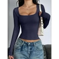 thumbnail image 2 of Womens Long Sleeve Shirts Crop Tops Square Neck Going Out Basics Tees Y2K Winter Clothes 2025 Navy Blue L, 2 of 5