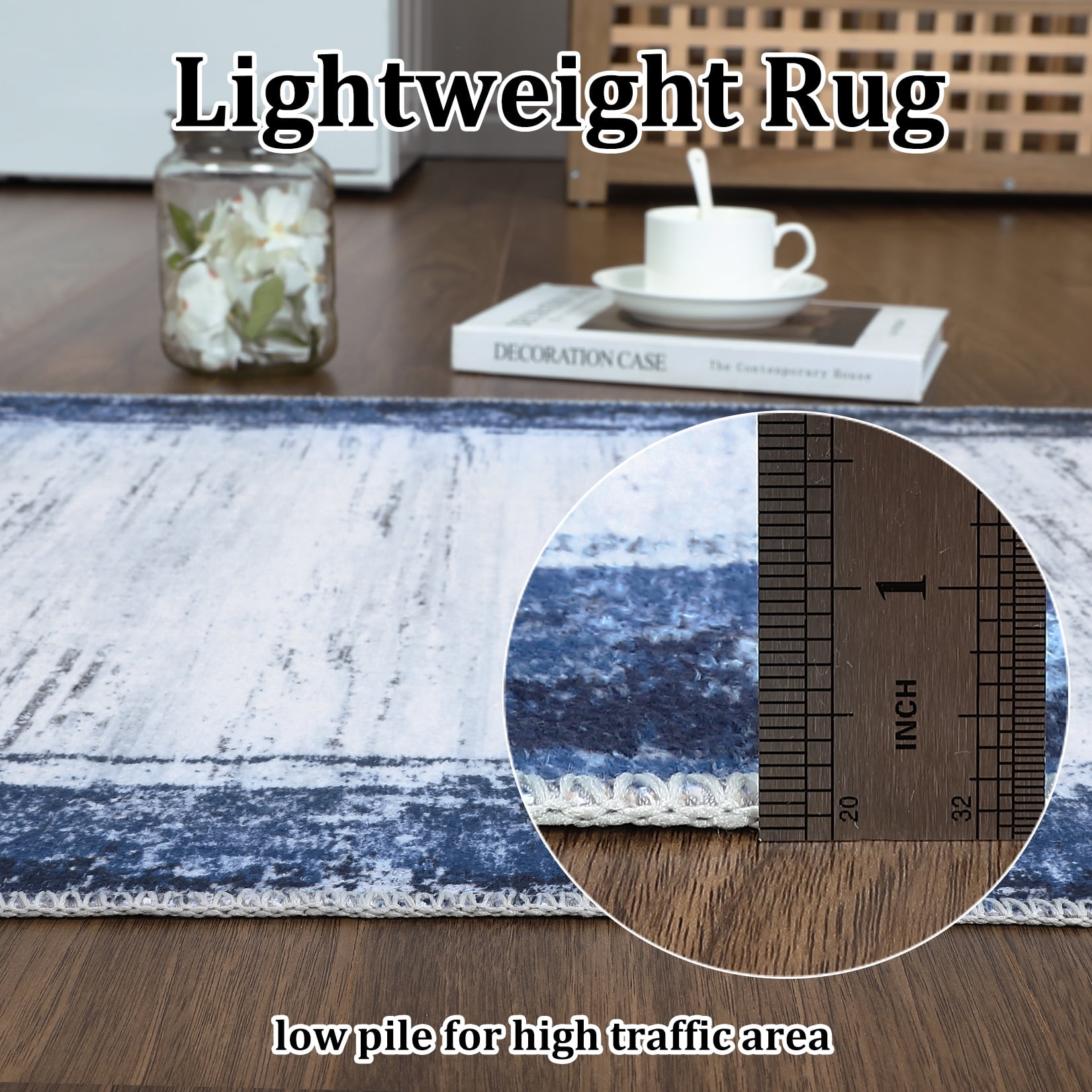 HOMERRY Washable Rugs 8'x 10' Rug for Living Room Bedroom Rug Modern Bordered Thin Indoor Carpet, Navy