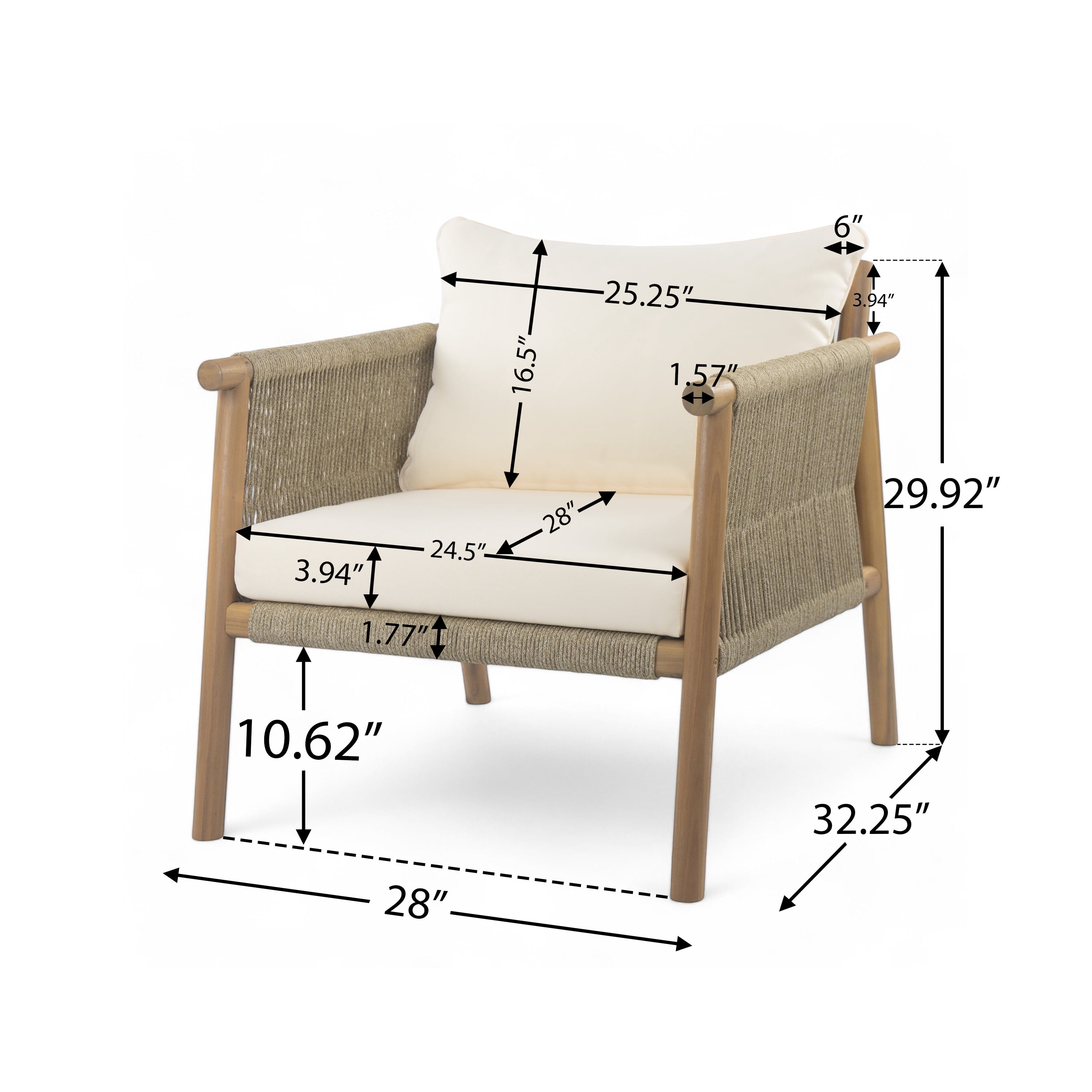 Woven Lounge Chair, 28 Inch Outdoor Chair with Solid Wood Frame for Patio Garden, Teak