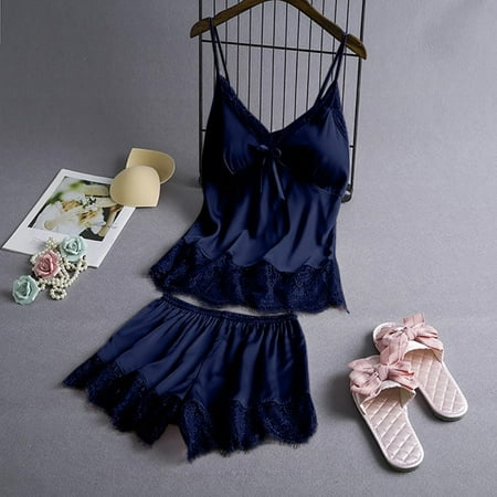 

Satin Pajama Set Solid Color Lace Stitching Pajama Set Sexy Padded Sling + Shorts