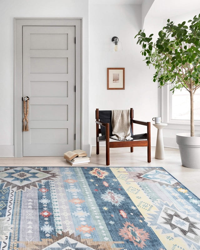 Jamfeel Area Rugs Boho Print Low Pile Washable Carpet Soft Non-slip Rug for Living Room Bedroom Kitchen 5'x8' Blue