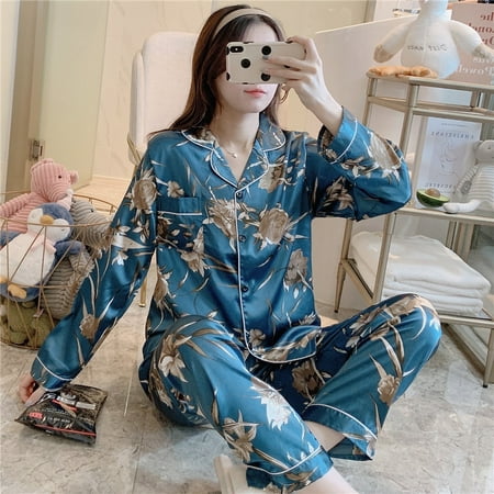 

Toyella Women s Long-sleeved Ice Silk Pajamas Two-piece Homewear Suit Blue Flower XXL