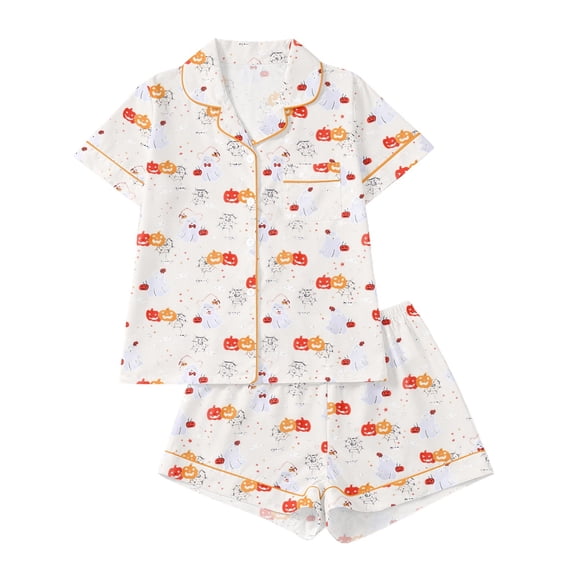 TGPMGRZ Ladies Halloween Pajamas Silk Short Sleeve Shirts Matching Pj Shorts Halloween Holiday Pajamas